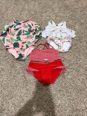 Girls Swim Set Bundle - Pink Palm, Red Gingham & Striped Tops